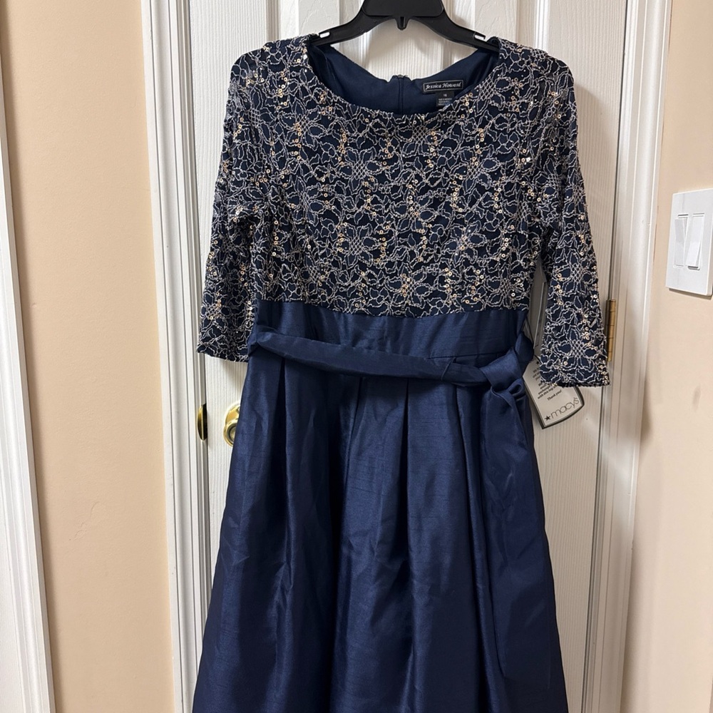 NWT Jessica Howard Formal Cocktail Dress Navy Blue Chiffon Sequence Missy 16